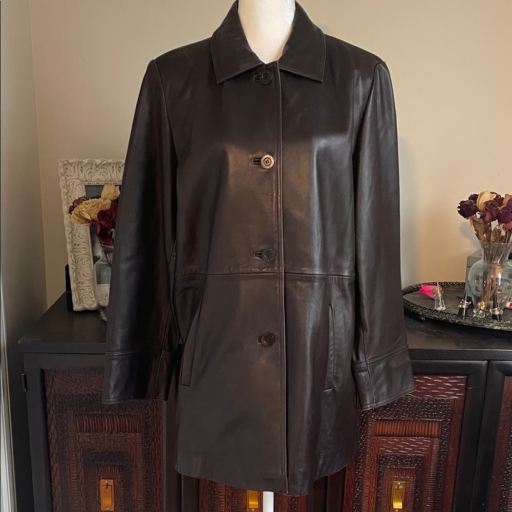 Talbots Dark Brown Leather Button-Front Jacket
